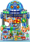 Anniversaire robotique avec des amis joyeux